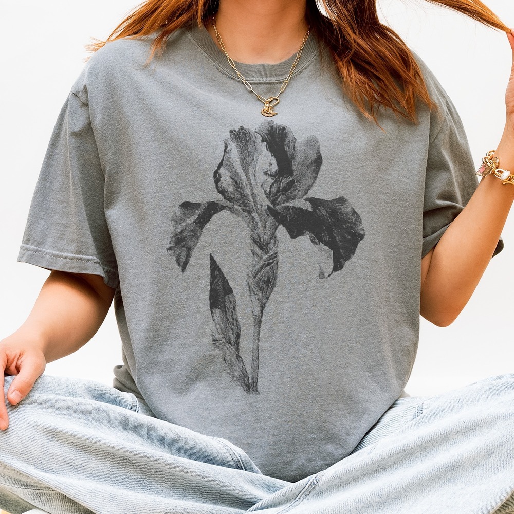 Iris Flower Botanical Graphic Tee Vintage Engraving Style